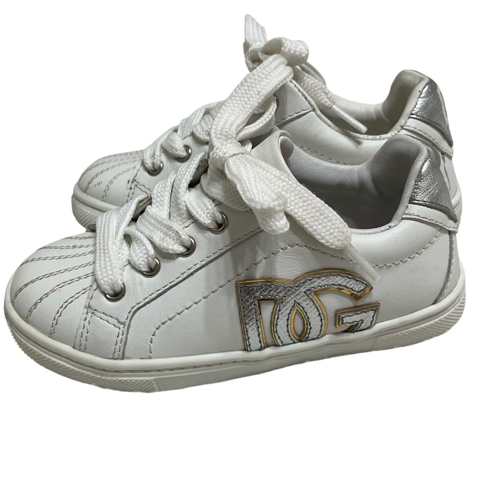 Dolce & Gabbana Leather Baby Sneakers Eu Size 24( US 8) Silver/Gold Logo Lace Up
